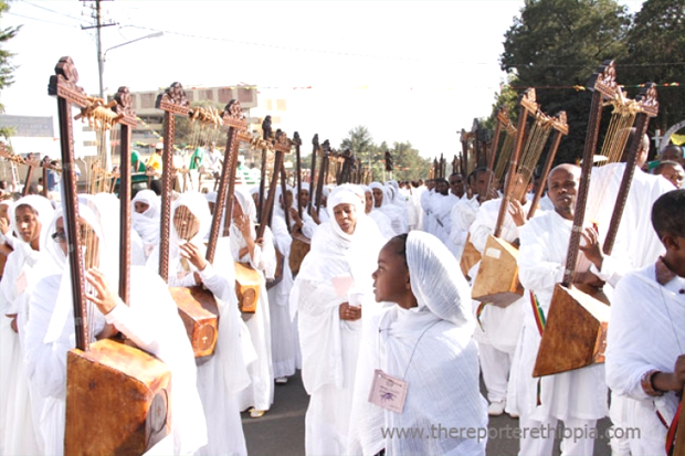 Ethiopian Orthodox Church Choir members playing the Begena (Photo:thereporterethiopia.com)