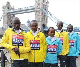 Patrick Makau, Geoffrey Mutai, Tsegaye Kebede, Wilson Kipsang and Stephen Kiprotich ahead of the 2013 Virgin London Marathon (Getty Images) 