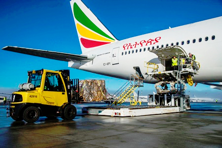 This photo shows the humanitarian cargo being loaded on to Ethiopian Airlinesâ€™ newest 777-300ER. (photo: Boeing)
