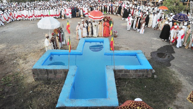 Timket is celebrated slightly differently in each region of Ethiopia, depending on access to water. If it's not possible to immerse oneself, it is acceptable to get sprinkled with water. (Photo: Carl de Souza, Getty Images)