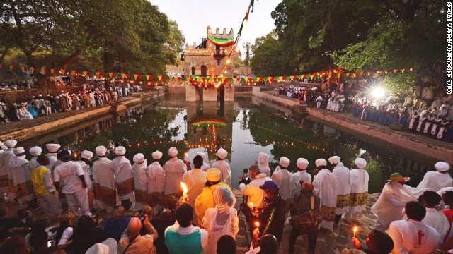 On the morning of Timket, priests hold services, then bless the waters in the Fasilides Bath -- filled once a year for the ceremony. (Photo: Carl de Souza, Getty Images)