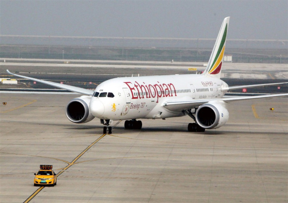 Ethiopian Airlines Flight ET684 arrives at Shanghai Pudong International Airport yesterday. - Xinhua -