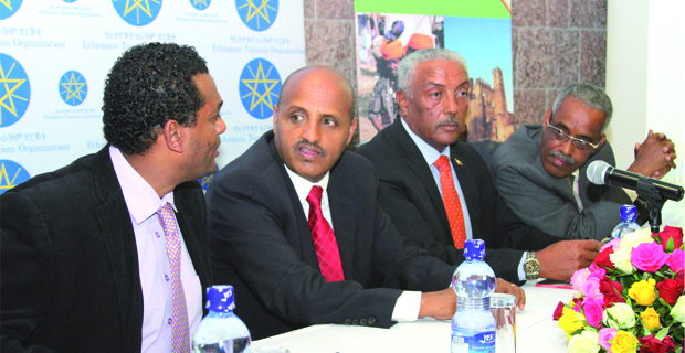 From left to right: Fitsum Gezahegn, president of Tour Operatorsâ€™ Association and Board member of ETO, Tewolde Gebremariam CEO of Ethiopian and Board Chair Person of ETO, Solomon Tadesse CEO of ETO and Busera Awel, Chief Commercial Officer at Ethiopian - 