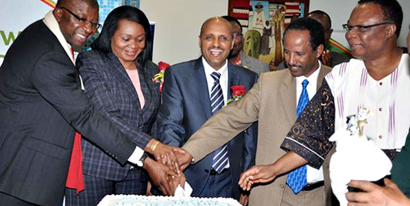 Ethiopian Airlines celebrated the inauguration of its Addis Ababa to Enugu route with (from left to right): Bede Ibeh, (Representative of the Nigerian Ambassador to Ethiopia); Janet Edeme (AU Commission); Tewolde Gebremariam (CEO, Ethiopian Airlines); Bereded Anemut, (Director of West Africa Desk at Ethiopian Ministry of Foreign Affairs); and John Shinkaiye (Former Ambassador of Nigeria to Ethiopia). Photo: ana-aero - 