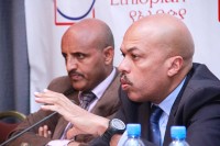 From left: Tewolde Gebremariam and Jean-Paul Ebanga briefing journalists (Photo: The Reporter) - 