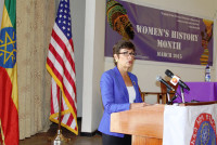 Ambassador Patricia Haslach gives remarks to Addis Ababa University students at the program to honor International Women’s Day “Make it Happen”. (Photo: US Embassy) -