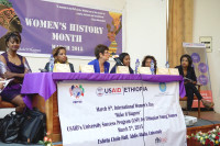 (Left to Right) Panelists for the program to honor International Women’s Day “Make it Happen” were Ms. Seble Hailu, Dr. Eleni Gebre-Medhin, Ambassador Patricia Haslach, Ms. Yetinebersh Nigussie , Ms. Meaza Tsegaye and Ms. Tsedenia GebreMarkos. (Photo: US Embassy) - 